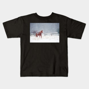 Horse In Snow Storm Kids T-Shirt